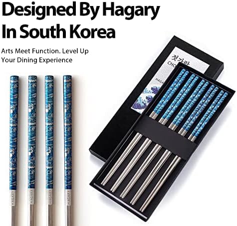Hagary Kék Hullám Pálcika 5 Pár, Fém Pálcika Újrafelhasználható Úgy Tervezték, Korea, Japán Stílusú Rozsdamentes Acél 316