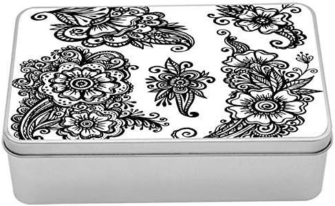 Ambesonne Virágos Fém Doboz, Kézzel Rajzolt Stílus Klasszikus Kompozíciók Virágzó Virágok Szórakoztató Retro Design, Multi-Purpose