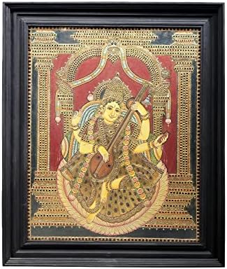 Egzotikus Indiai Istennő Saraswati Tanjore Festmény | Hagyományos Színek, 24 karátos Arany | Tíkfa Keret | Arany & Fa
