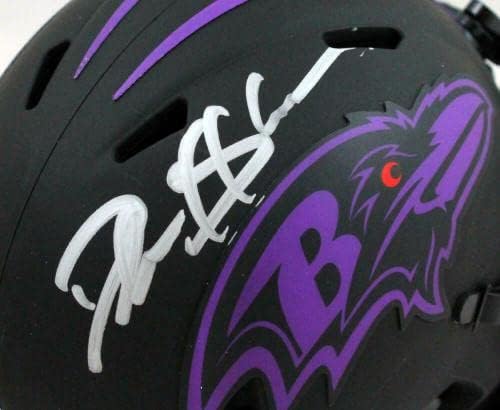 Deion Sanders Aláírt Baltimore Ravens Napfogyatkozás Mini Sisak - BA W Holo *Ezüst - Dedikált NFL Mini Sisak