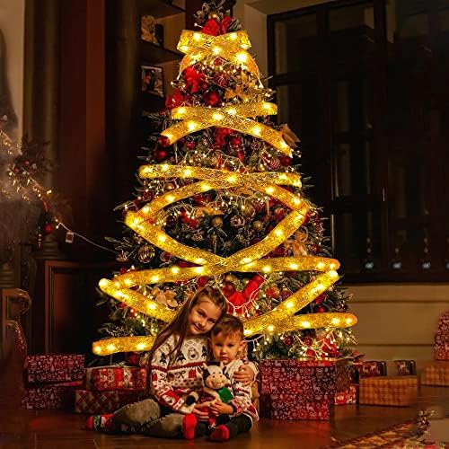 XIMISHOP 1db 32ft Arany Karácsonyi Szalag Világítás，100 LED karácsonyfa Szalag Tündér Húrok Meleg Fény Dekoráció elemes Karácsonyra