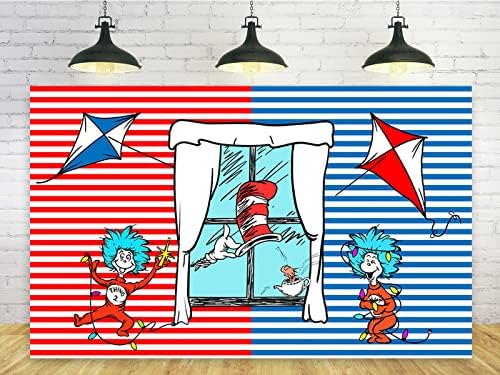 Piros-Kék Csíkos Hátteret, Party Kellékek Dr. Seuss Szülinapi Téma Fotó Háttér Macska A Kalapban Banner a Szülinapi Buli