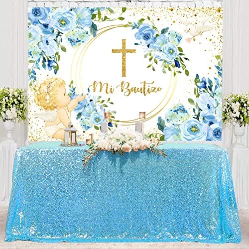 Sensfun Mi Bautizo Keresztség Hátteret Fiúk Isten Áldja Első szentáldozás Parti Dekoráció Kék Virágos Arany Dot Fotózás Háttér
