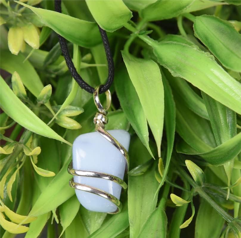 Igazi Természetes Drágakövek Kék Csipke Achát Wire Wrap Kő Nacklace Medál ezüstözött Lánc & Szál Meditáció, Reiki, Szellemi